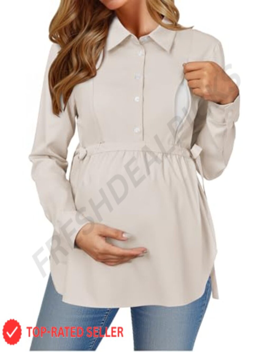 Maternity Nursing Shirt Long Sleeve Hidden Zipper Button Down Blouse
